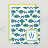 Waterverf Tropische Blauwe Vis en Hart Monogram Notitiekaartje (Voorkant / Achterkant)