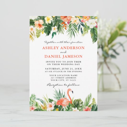 Waterverf Tropische Bloem Flamingo Bruiloft Koraal Kaart (Staand voorkant)