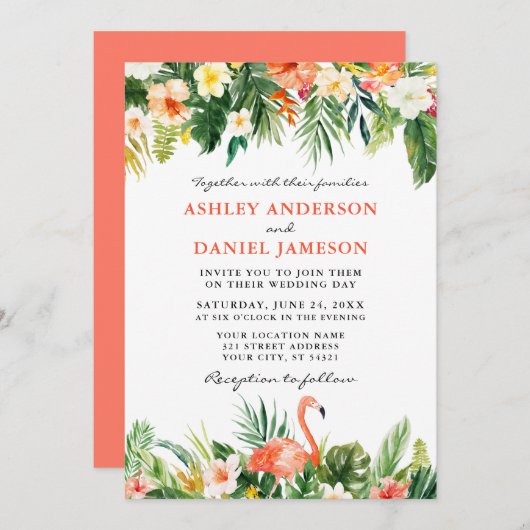 Waterverf Tropische Bloem Flamingo Bruiloft Koraal Kaart (Voorkant / Achterkant)