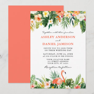 Waterverf Tropische Bloem Flamingo Bruiloft Koraal Kaart