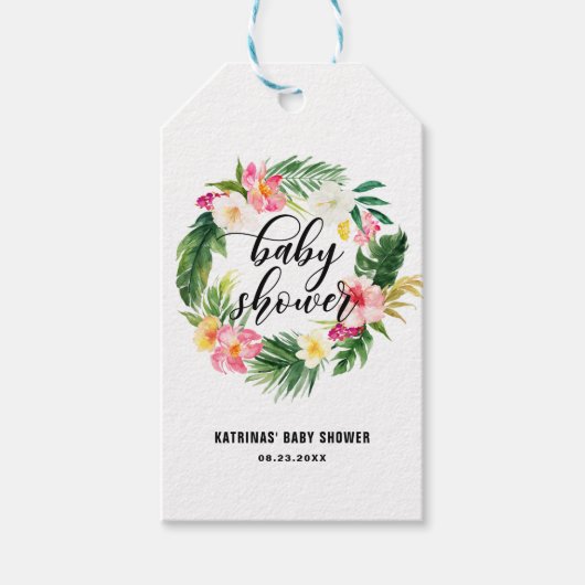 Waterverf Tropische bloemen Baby shower Cadeaulabel (Voorkant)
