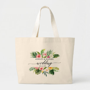 Waterverf Tropische Bloemen Bruiloft Kalligrafie Grote Tote Bag