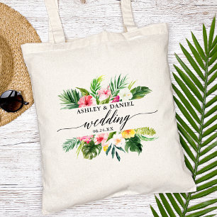 Waterverf Tropische Bloemen Bruiloft Kalligrafie Tote Bag
