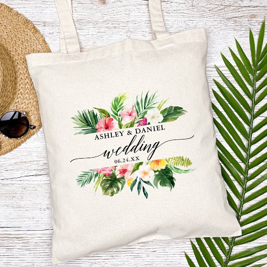 Waterverf Tropische Bloemen Bruiloft Kalligrafie Tote Bag