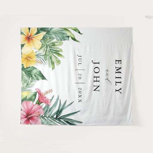 Waterverf Tropische Bloemen Bruiloftsfoto Achtergr Wandkleed (Voorkant (horizontaal))