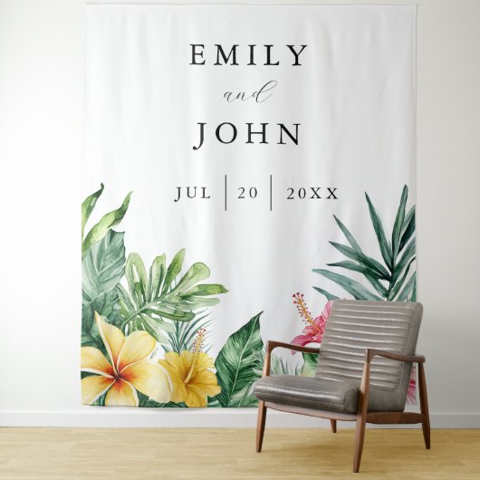 Waterverf Tropische Bloemen Bruiloftsfoto Achtergr Wandkleed (In situ)
