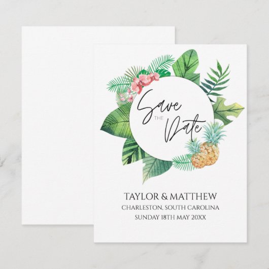 Waterverf Tropische Bloemen Elegante Huwelijk Save The Date (Voorkant / Achterkant)