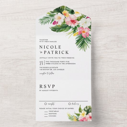 Waterverf Tropische bloemen en Grieks huwelijk All In One Uitnodiging (Binnen)