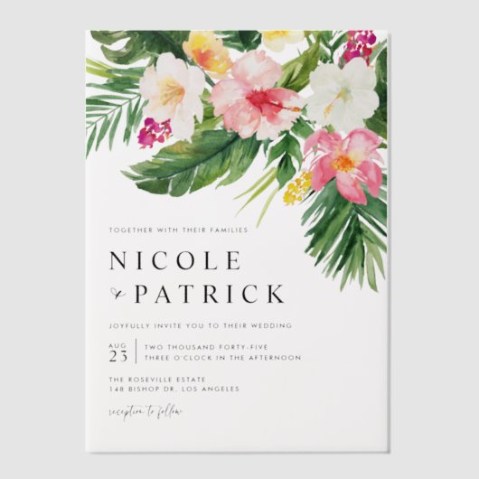 Waterverf Tropische bloemen en Grieks huwelijk Vellum Uitnodigingen (Voorkant)