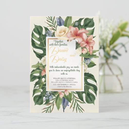 Waterverf Tropische bloemen en groen Bruiloft I Kaart (Staand voorkant)