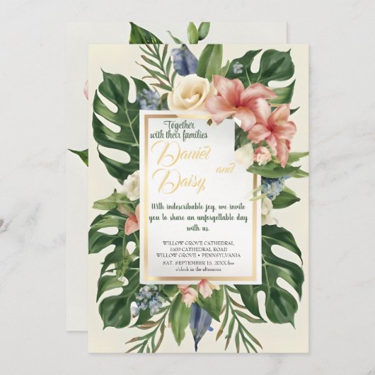 Waterverf Tropische bloemen en groen Bruiloft I Kaart (Voorkant / Achterkant)