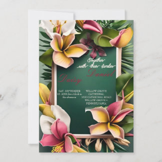 Waterverf Tropische bloemen en groen Bruiloft I Kaart