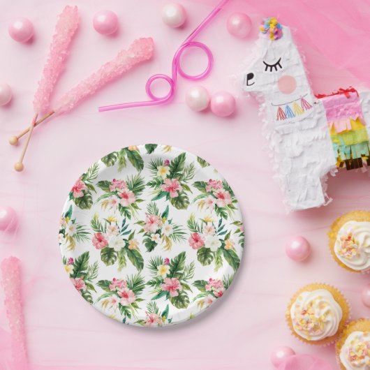 Waterverf Tropische bloemen en groen Zomer Papieren Bordje (Feest)