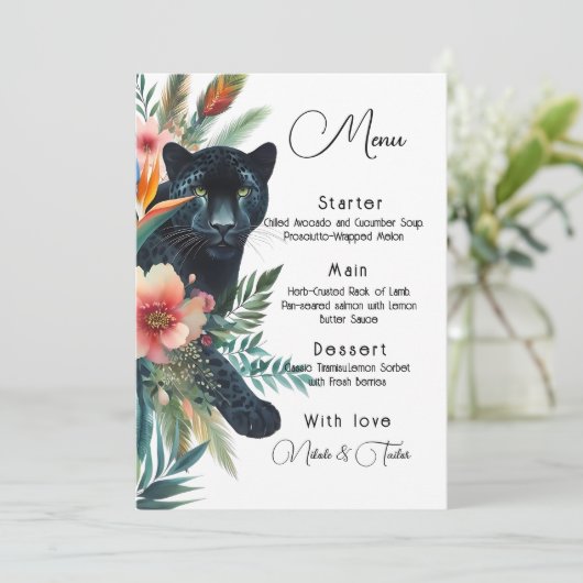 Waterverf tropische bloemen en jaguar menu (Staand voorkant)