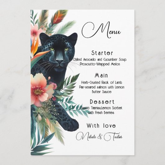 Waterverf tropische bloemen en jaguar menu (Voorkant)
