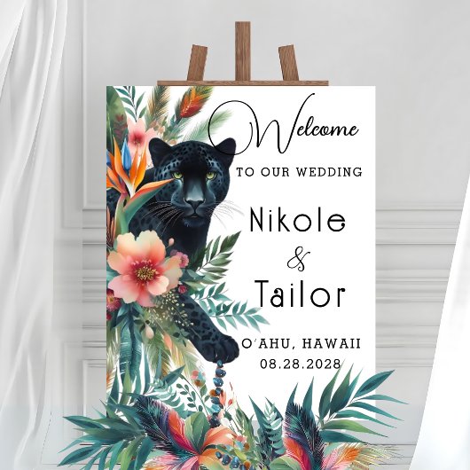 Waterverf tropische bloemen en jaguar welkom poster