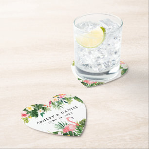 Waterverf Tropische Bloemen Flamingo Bruiloft Hart Kartonnen Onderzetters