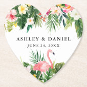 Waterverf Tropische Bloemen Flamingo Bruiloft Hart Kartonnen Onderzetters (Voorkant)