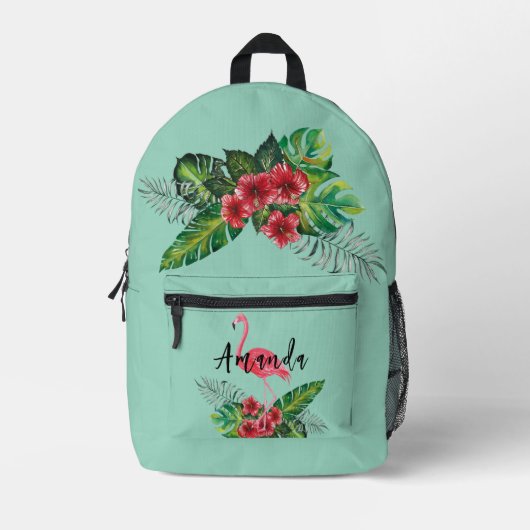 Waterverf Tropische Bloemen Flamingo gepersonalise Bedrukte Rugzak (Voorkant)