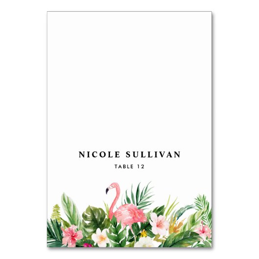 Waterverf Tropische bloemen & Flamingo Place Card Kaart (Voorkant)