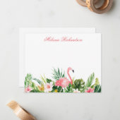 Waterverf Tropische Bloemen Flamingo Roze Notitiekaartje (Voorkant / Achterkant in situ)