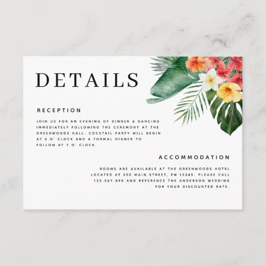 Waterverf Tropische Bloemen Groen Bruiloft Detail Informatiekaartje (Voorkant)