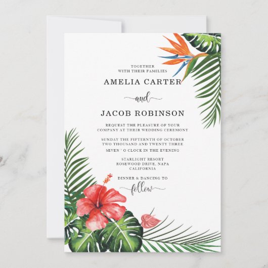 Waterverf Tropische Bloemen Groen Bruiloft Kaart (Voorkant)