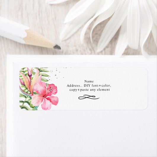 Waterverf Tropische bloemen Hibiscus Ferns Etiket (Insitu)