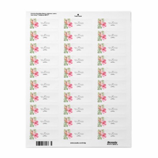 Waterverf Tropische bloemen Hibiscus Ferns Etiket (Full Sheet)