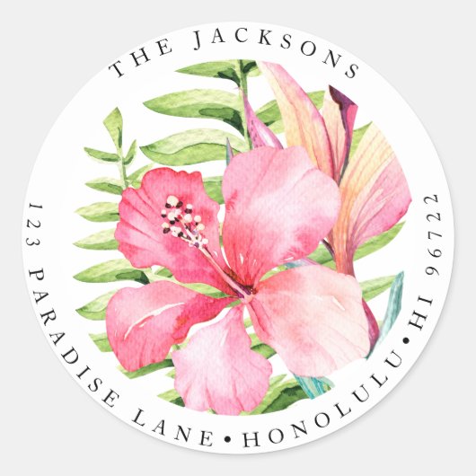 Waterverf Tropische Bloemen Hibiscus Ronde Sticker (Voorkant)
