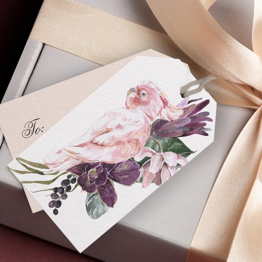 Waterverf Tropische Bloemen met Roze Papegaai Cadeaulabel