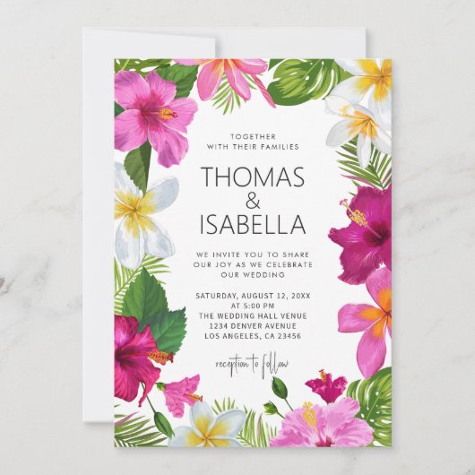 Waterverf tropische bloemen | Palm Leaves Bruiloft Kaart (Voorkant)