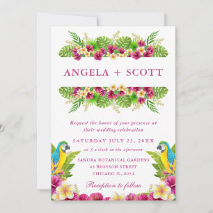 Waterverf Tropische bloemen & papegaaien bruiloft Kaart