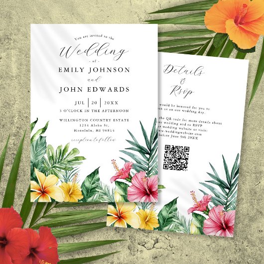 Waterverf Tropische bloemen QR Code Weddenschap Kaart