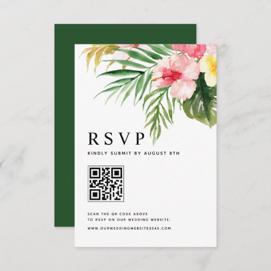 Waterverf Tropische bloemen QR Code Weddenschap RSVP Kaartje (Voorkant / Achterkant)