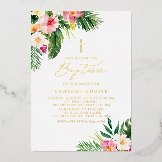 Waterverf Tropische Bloemen Zomboekje Folie Uitnodiging (Voorkant)