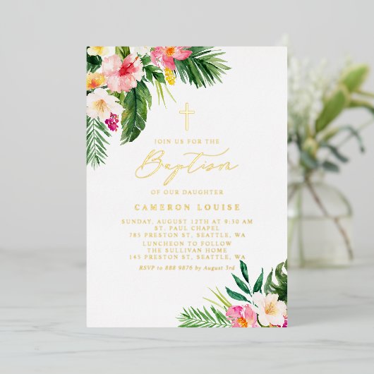 Waterverf Tropische Bloemen Zomboekje Folie Uitnodiging (Staand Voorkant)