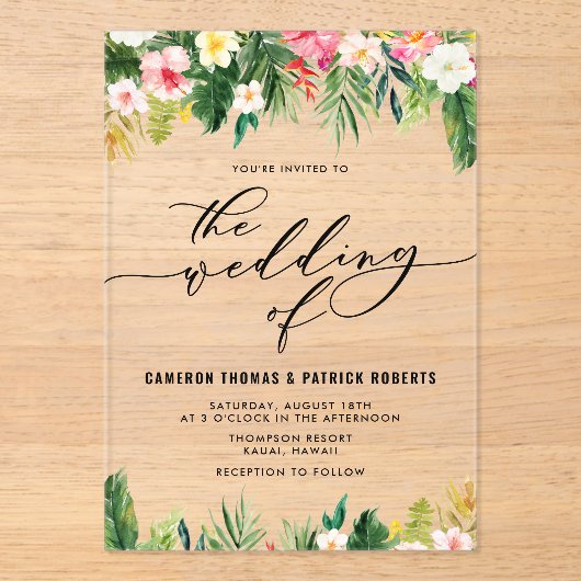 Waterverf Tropische bloemen zomerbruiloft Acryl Uitnodigingen (Voorkant)