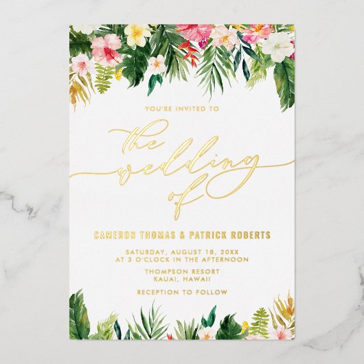 Waterverf Tropische bloemen zomerbruiloft Folie Uitnodiging (Voorkant)