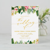 Waterverf Tropische bloemen zomerbruiloft Folie Uitnodiging (Staand Voorkant)