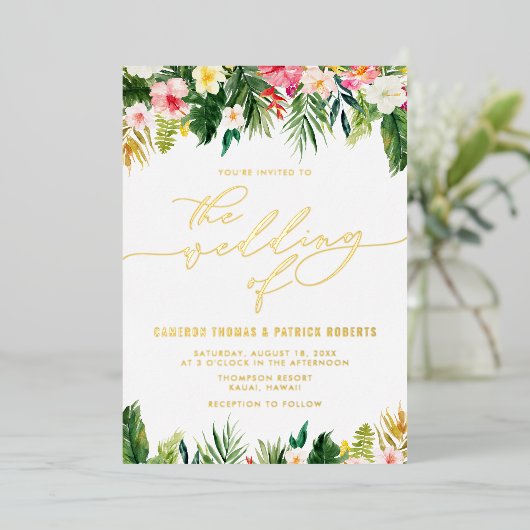 Waterverf Tropische bloemen zomerbruiloft Folie Uitnodiging (Staand Voorkant)