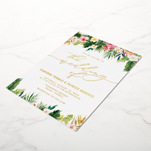 Waterverf Tropische bloemen zomerbruiloft Folie Uitnodiging (Gedraaid)