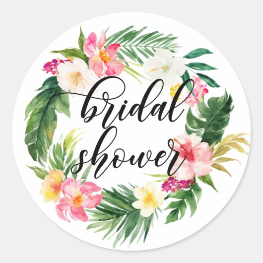 Waterverf Tropische Bloemenkrans Bruidsdouche Ronde Sticker (Voorkant)