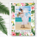 Waterverf Tropische Bloemenliefde en Bedankt<br><div class="desc">Elegante Waterverf Tropische Bloemen,  groen en palmbladeren Bruid en bruidegom Liefde en Bedankt Trouwfoto Dank je kaart</div>