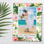 Waterverf Tropische Bloemenliefde en Bedankt Briefkaart<br><div class="desc">Elegante Waterverf tropische bloemen,  groen en palmbladeren bruid en bruidegom liefde en Bedankt trouwfoto dank u Briefkaart</div>