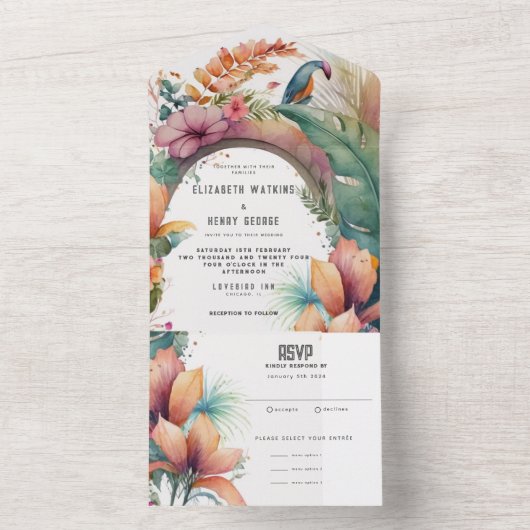 Waterverf Tropische botanische bloemen bruiloft All In One Uitnodiging (Binnen)