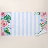 Waterverf Tropische Bouquet Floral Blue Stripes Strandlaken (Voorkant)