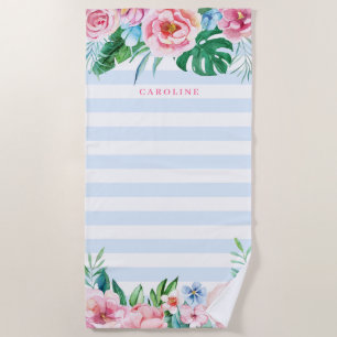 Waterverf Tropische Bouquet Floral Blue Stripes Strandlaken