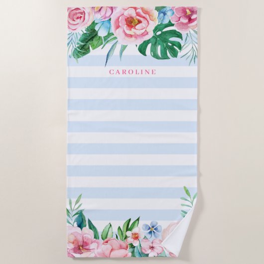 Waterverf Tropische Bouquet Floral Blue Stripes Strandlaken (Voorkant)