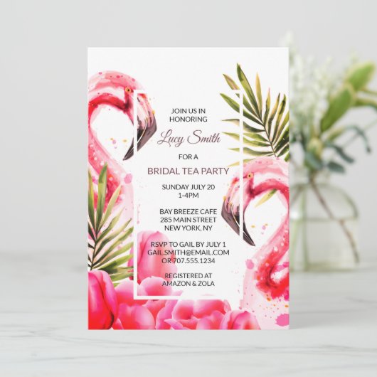 Waterverf Tropische Bridal Tea Party | Vlamingoene Kaart (Staand voorkant)